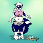  4_toes aggrobadger barefoot beverage blue_fur breasts clothing female fluffy_tail food fur hair mammal navel pregnant shirt shorts skunk solo taki toes torn_clothing white_hair wide_hips 