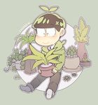  :&gt; blush brown_hair character_name chibi circle clover_(flower) flower green_background highres holding hood hoodie ivy looking_down male_focus matsuno_choromatsu nyaph osomatsu-kun osomatsu-san plant plant_on_head potted_plant simple_background sitting solo 