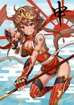  breasts brown_hair chinese_zodiac cleavage_cutout gauntlets grin hair_between_eyes headgear medium_breasts monkey monkey_tail original red_eyes red_legwear sakiyamama short_hair smile solo standing standing_on_one_leg tail thighhighs 