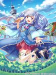  blue_eyes blue_hair cloud copyright day food hair_ornament ice_cream jumping long_hair midair official_art open_mouth outdoors outstretched_hand pink_skirt purple_eyes shina_shina sidelocks skirt solo tenka_touitsu_chronicle thighhighs tower white_legwear 