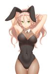  animal_ears armpits arms_behind_head arms_up black_leotard blush braid breasts brown_legwear bunny_ears bunny_girl bunny_tail bunnysuit cleavage detached_collar esaka fake_animal_ears green_eyes h&#039;aanit_(octopath_traveler) h'aanit_(octopath_traveler) lavender_hair leotard long_hair looking_at_viewer medium_breasts octopath_traveler pantyhose simple_background solo strapless strapless_leotard tail wrist_cuffs 