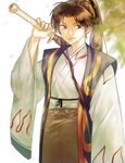  blurry brown_hair byakuya_(inuyasha) depth_of_field high_ponytail inuyasha japanese_clothes leaf long_hair looking_away male_focus pointy_ears ponytail purple_eyes purple_ribbon ribbon sheath sideways_glance smirk solo sword unsheathing weapon wide_sleeves yaka_(kk1177) 