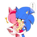  amy_rose anthro black_nose blush clothing dress duo female gloves green_eyes hair half-closed_eyes headband hedgehog hug japanese_text male mammal pink_hair short_hair sonic_(series) sonic_the_hedgehog surprise text video_games くま 