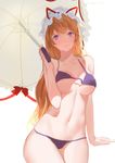  absurdres bikini blonde_hair breasts collarbone contrapposto hat hat_ribbon highres kamachi_kamachi-ko large_breasts long_hair mob_cap parasol purple_bikini purple_eyes ribbon sketch smile solo standing swimsuit touhou umbrella underboob unfinished very_long_hair yakumo_yukari 