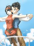  1girl belt bird black_hair blue_eyes cloud couple day dragon_ball dragon_ball_super dragon_ball_z fuwatoro_mitoro hair_ribbon hetero holding_hands husband_and_wife open_mouth pantyhose pose red_ribbon ribbon short_hair sky smile son_gohan spiked_hair titanic videl 