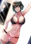  1girl arm_up armpits arms_at_sides ass_visible_through_thighs bald bangs bathroom bikini_tan black_bra black_hair black_legwear black_panties blurry bow bow_bra bra breasts cameltoe cleavage collarbone cowboy_shot depth_of_field dutch_angle fubuki_(one-punch_man) green_eyes groin hand_in_panties hews_hack lace lace-trimmed_bra large_breasts looking_at_viewer mirror navel one-punch_man panties parted_lips pink_bow pink_lips pink_panties reflection saitama_(one-punch_man) short_hair solo_focus stomach striped striped_pajamas sweat tan tanline thigh_gap underwear underwear_only window 