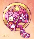  amy_rose anthro bare_shoulders beige_skin black_nose clothing dress female footwear gloves green_eyes hair half-closed_eyes hammer headband hedgehog legwear mammal pink_hair ring short_hair signature sitting smile solo sonic_(series) sonic_boom suncelia tools weapon 