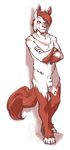  anthro balls canine crossed_arms fully_sheathed hair half-closed_eyes kittydee looking_at_viewer male mammal nude red_hair sheath simple_background smile solo standing white_background 