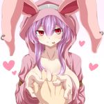  animal_hood blush breasts bunny_hood carro_(watarui) center_opening earrings heart highres holding_hands hood hoodie jewelry large_breasts long_hair long_sleeves looking_at_viewer naked_hoodie open_clothes original out_of_frame purple_hair red_eyes shiny shiny_skin simple_background smile solo_focus tongue tongue_out upper_body watarui white_background 