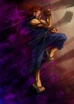  dougi fingerless_gloves from_side full_body geta gloves glowing glowing_eyes gouki hair_tie highres male_focus muscle ponytail purple_eyes red_hair ryuusei_(mark_ii) shun_goku_satsu solo street_fighter street_fighter_ii_(series) 