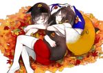  akagi_(kantai_collection) animal_ears black_hair closed_eyes fox_ears fox_tail japanese_clothes kaga_(kantai_collection) kantai_collection kemonomimi_mode leaf lying multiple_girls on_side raccoon_ears raccoon_tail shuu-0208 sleeping sleeping_on_person tail tail_hug thighhighs younger 