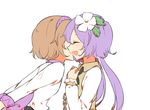  arms_behind_back bad_id bad_pixiv_id brown_hair cheek_kiss closed_eyes flower from_side hair_flower hair_ornament hairband kiss long_hair long_sleeves misha_(hoongju) multiple_girls open_mouth purple_hair purple_hairband shirt short_hair siblings sisters smile touhou tsukumo_benben tsukumo_yatsuhashi twintails v_arms white_shirt 