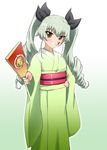  anchovy brown_eyes diesel-turbo drill_hair girls_und_panzer green_hair hagoita japanese_clothes kimono long_hair paddle smile solo twin_drills 