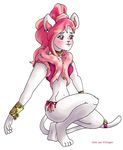  artemis_tsukino bell blush bracelet cat clothed clothing ear_piercing feline female fur hair jewelry long_hair mammal partially_clothed pichigani piercing pink_eyes pink_hair ponytail solo unknown_artist white_fur 