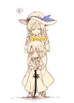  bow closed_eyes drill_hair eighth_note hair_bow hair_ribbon hat height_difference long_hair multiple_girls musical_note ponytail ribbon short_hair siblings sisters six_(fnrptal1010) smile spoken_musical_note spot_color sword touhou watatsuki_no_toyohime watatsuki_no_yorihime weapon younger 