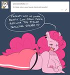  &lt;3 2015 anthro areola big_breasts breasts clothed clothing cute ear_piercing earth_pony english_text equine erect_nipples eyes_closed female friendship_is_magic hair half-dressed horse hugtastic_pinkie_pie lying mammal my_little_pony nipple_piercing nipples open_mouth piercing pink_hair pink_tail pinkie_pie_(mlp) pony simple_background smile solo somescrub speech_bubble text topless 