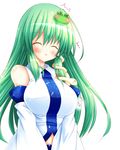  &gt;_&lt; 1girl blush breast_poke breasts closed_eyes cursor detached_sleeves frog_hair_ornament green_hair hair_ornament kochiya_sanae large_breasts long_hair long_sleeves open_mouth osashin_(osada) pointer poking shirt snake_hair_ornament solo surprised touhou very_long_hair wide_sleeves 