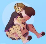 4_toes anthro biped black_nose cheetah clothed clothing english_text feline fur hair happy hybrid korben_brandis leopard male mammal onomatopoeia partially_clothed pawpads purring shirt simple_background sitting smile snow_leopard solo sound_effects spots spotted_fur strawberryneko tail_hug text toes 