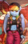  2016 absurd_res anthro anthrofied audrarius belt blue_skin clothed clothing equine feathered_wings feathers female friendship_is_magic graffiti hair hi_res holding_object looking_at_viewer mammal multicolored_hair my_little_pony navel pegasus rainbow_dash_(mlp) rainbow_hair solo spray_can wall wings 