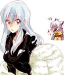  alternate_costume blue_hair bow breasts cape cosplay coughing_blood dress fubuki_(one-punch_man) fubuki_(one-punch_man)_(cosplay) fujiwara_no_mokou hair_bow kamishirasawa_keine large_breasts long_hair multiple_girls no_hat no_headwear one-punch_man pom_poms red_eyes ribbon saitama_(one-punch_man) saitama_(one-punch_man)_(cosplay) silver_hair six_(fnrptal1010) touhou very_long_hair 