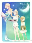  age_progression barefoot blonde_hair blue_dress blue_eyes book breasts brooch closed_eyes crown dress half_moon highres jewelry long_hair mario_(series) medium_breasts moon multiple_girls poo reading rosetta_(mario) short_dress small_breasts smile super_mario_bros. super_mario_galaxy teenage underwear younger 