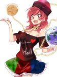  chain clothes_writing collar earth_(ornament) hat hecatia_lapislazuli highres long_hair moon_(ornament) multicolored multicolored_clothes multicolored_skirt open_mouth polos_crown red_eyes red_hair shirt six_(fnrptal1010) skirt smile solo t-shirt touhou 