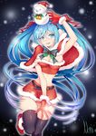 arm_up belt blue_eyes blue_hair bow breasts earmuffs gloves hat hatsune_miku holly long_hair looking_at_viewer medium_breasts midriff monmon_(monx) red_gloves santa_costume santa_hat skirt snow snowman solo thighhighs twintails very_long_hair vocaloid 