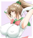  armpits bare_shoulders bishoujo_senshi_sailor_moon breasts brown_hair covered_nipples from_side gloves green_eyes green_sailor_collar hair_between_eyes hair_bobbles hair_ornament huge_breasts impossible_clothes kino_makoto long_hair looking_away parted_lips ponytail puffy_nipples sailor_collar sailor_jupiter sailor_senshi_uniform size_hermitage solo white_gloves 