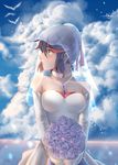  between_breasts bird black_hair blush bouquet breasts bridal_gauntlets bridal_veil choker cleavage cloud day dress flower jewelry kill_la_kill large_breasts looking_to_the_side matoi_ryuuko multicolored_hair necklace pendant red_hair short_hair solo veil wedding_dress yorukun 