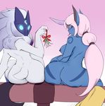  2015 anthro areola bandlebro_(artist) big_butt blue_eyes blush breasts butt caprine colored duo female fur hair hi_res horn humanoid kindred_(lol) lamb_(lol) league_of_legends long_hair looking_at_viewer looking_back mammal mask mistletoe nipples nude plant ponytail presenting pussy rear_view sheep simple_background sitting soraka spirit video_games white_fur white_hair 