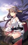  :d bandages bangs black_bow black_hair bow brown_eyes cannon cloud detached_sleeves eko floating_hair frills hair_ornament hairband hairclip haruna_(kantai_collection) headgear japanese_clothes kantai_collection long_hair looking_at_viewer nontraditional_miko ocean open_mouth outdoors panties pantyshot pantyshot_(sitting) pleated_skirt red_ribbon red_skirt ribbon ribbon-trimmed_sleeves ribbon_trim rope sarashi sitting skirt sky smile solo string swept_bangs tassel thigh_strap thighhighs turret underwear white_panties yellow_eyes 
