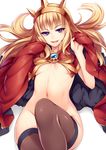  black_legwear blonde_hair blush breasts brooch cagliostro_(granblue_fantasy) cape convenient_leg crown granblue_fantasy jewelry long_hair looking_at_viewer naked_cape navel open_mouth purple_eyes simple_background small_breasts smile solo thighhighs tsuki_tokage underboob white_background 