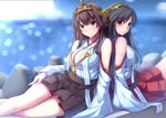  antennae back-to-back bad_id bad_pixiv_id bare_shoulders black_hair blue_sky brown_eyes brown_hair cloud day detached_sleeves hakama haruna_(kantai_collection) headgear highres japanese_clothes kantai_collection kongou_(kantai_collection) long_sleeves looking_at_viewer miko multiple_girls nicoby ocean shirt sitting skirt sky smile wide_sleeves 