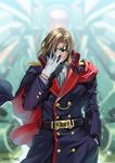  adjusting_eyewear belt brown_hair cannon_dancer cannons_(cannon_dancer) cape glasses gloves indesign long_coat long_hair male_focus md5_mismatch military military_uniform solo sunglasses uniform 