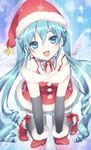  all_fours aqua_eyes aqua_hair collar elbow_gloves gloves hat hatsune_miku head_tilt headset long_hair looking_at_viewer mittens open_mouth ro_(igris-geo) santa_costume santa_hat skirt solo thighhighs twintails very_long_hair vocaloid wings 