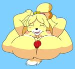  2016 anal anal_penetration animal_crossing anthro big_breasts black_nose blonde_hair blush breasts canine digital_media_(artwork) dildo dog erect_nipples female fur hair hair_ornament isabelle_(animal_crossing) mammal mr.under nintendo nipples nude open_mouth penetration presenting pussy sex_toy short_hair simple_background smile solo spreading video_games white_fur yellow_fur 