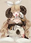  ;o ahoge anila_(granblue_fantasy) bangs blonde_hair blunt_bangs blush bow breasts brown_background brown_coat cleavage coat collarbone draph eyebrows eyebrows_visible_through_hair fur_trim gloves granblue_fantasy hair_bow hiba_(p-p-purin) horns knees_together_feet_apart long_hair long_sleeves lying_on_lap medium_breasts one_eye_closed orange_eyes sheep sheep_horns short_eyebrows solo tears teeth thick_eyebrows thighhighs wavy_hair white_bow white_gloves white_legwear winter_clothes wiping_tears yawning yellow_eyes zettai_ryouiki 