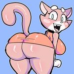  anthro bent_over big_breasts big_butt blue_background blue_eyes breasts butt cat clothed clothing feline female looking_at_viewer mammal open_mouth sechomi11 simple_background super_planet_dolan 