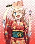  ;d arm_up bad_id bad_pixiv_id bangs blonde_hair blue_eyes blush hagoita halftone halftone_background hanetsuki holding japanese_clothes kekemotsu kimono long_hair looking_at_viewer obi one_eye_closed open_mouth original paddle print_kimono sash smile solo wide_sleeves 