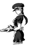  apron bridal_gauntlets cowboy_shot fingerless_gloves from_side frying_pan gloves greyscale hair_tie hat highres jojo_no_kimyou_na_bouken jojolion maid monochrome nijimura_kyou pantyhose ponytail ryuusei_(mark_ii) solo spatula star star_print 