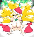  animal_ears armband banned_artist bell breasts choker commentary eyelashes fox_ears fox_tail hat holly jingle_bell large_breasts mature nipples plump presenting santa_hat sitting solo spread_legs stuffman tail touhou wariza yakumo_ran yellow_eyes 
