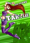  :d ;d boots breasts brown_hair character_name dc_comics eyebrows full_body green_background green_eyes grin highres medium_breasts midriff navel one_eye_closed open_mouth projected_inset purple_footwear ryuusei_(mark_ii) skirt smile solo starfire teen_titans thigh_boots thighhighs vambraces zettai_ryouiki 