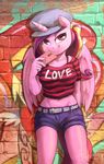  2016 absurd_res anthro anthrofied audrarius clothed clothing equine feathered_wings feathers female friendship_is_magic graffiti hair hat hi_res holding_object horn long_hair looking_at_viewer mammal multicolored_hair my_little_pony navel phone pink_skin princess_cadance_(mlp) smile solo wall winged_unicorn wings 