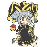  :d black_dress blush_stickers bracelet brown_eyes china_dress chinese_clothes dress eiyuu_senki hat index_finger_raised jester_cap jewelry jiang_ziya_(eiyuu_senki) leg_up open_mouth silver_hair simple_background smile solo sonjow4 standing standing_on_one_leg white_background yellow_eyes yin_yang yin_yang_orb 