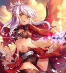  breasts brown_eyes cape chloe_von_einzbern dark_skin fate/kaleid_liner_prisma_illya fate_(series) holding holding_weapon kanshou_&amp;_bakuya ks long_hair long_sleeves navel open_mouth small_breasts smile solo tattoo unlimited_blade_works weapon white_hair 