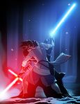  1girl absurdres battle cape duel energy_sword epic gloves highres jedi kylo_ren lightsaber mask mask_removed mike_nesbitt realistic rey_(star_wars) science_fiction signature sith size_difference snow snowing spoilers star_wars star_wars:_the_force_awakens starkiller_base sword triple_bun weapon 