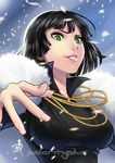  black_hair breasts daniel_macgregor eyelashes eyeshadow feather_boa fubuki_(one-punch_man) green_eyes high_collar jewelry large_breasts lips makeup necklace one-punch_man outstretched_hand short_hair snow solo 