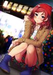  2016 absurdres bangs beanie blush boots coat crowd dutch_angle happy_new_year hat headphones headphones_around_neck highres knees_together_feet_apart long_sleeves looking_at_viewer love_live! love_live!_school_idol_project new_year night nishikino_maki open_clothes open_coat outdoors plaid plaid_skirt print_shirt purple_eyes red_hair red_hat shirt sitting skirt solo_focus swept_bangs t-shirt tree unbuttoned upper_body yana_mori 