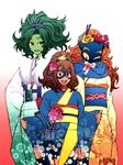  adapted_costume brown_hair chiba_toshirou domino_mask flower green_skin hair_flower hair_ornament hellcat_(patsy_walker) japanese_clothes kamala_khan marvel mask ms._marvel multiple_girls one_eye_closed orange_hair ponytail she-hulk 