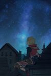  blonde_hair boots closed_eyes highres house jacket male_focus night night_sky poo red_jacket rooftop shulk sky smile solo star_(sky) starry_sky thinking window xenoblade_(series) xenoblade_1 xenogears 